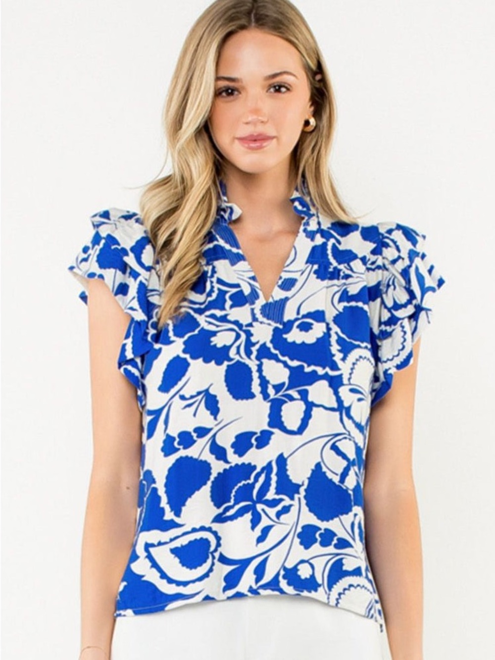 THML Cobalt Blue Floral V-Neck Ruffle Sleeve Blouse